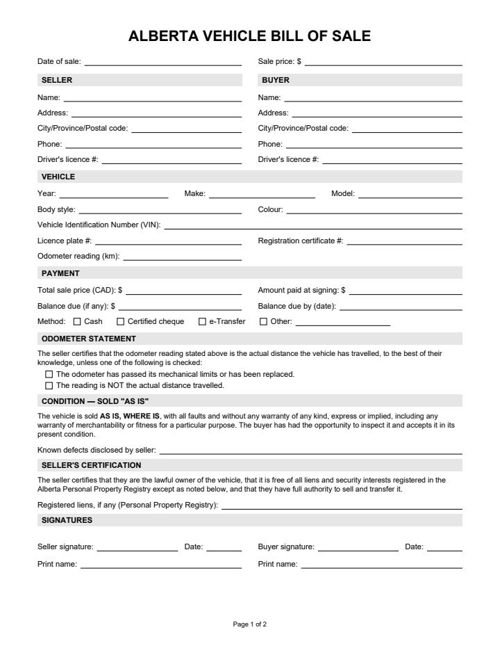 Page 1 of the bill of sale