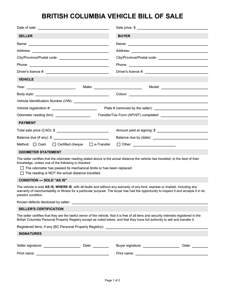 Page 1 of the bill of sale