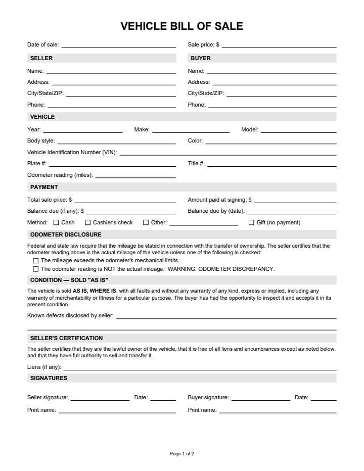 Page 1 of the car / truck bill of sale