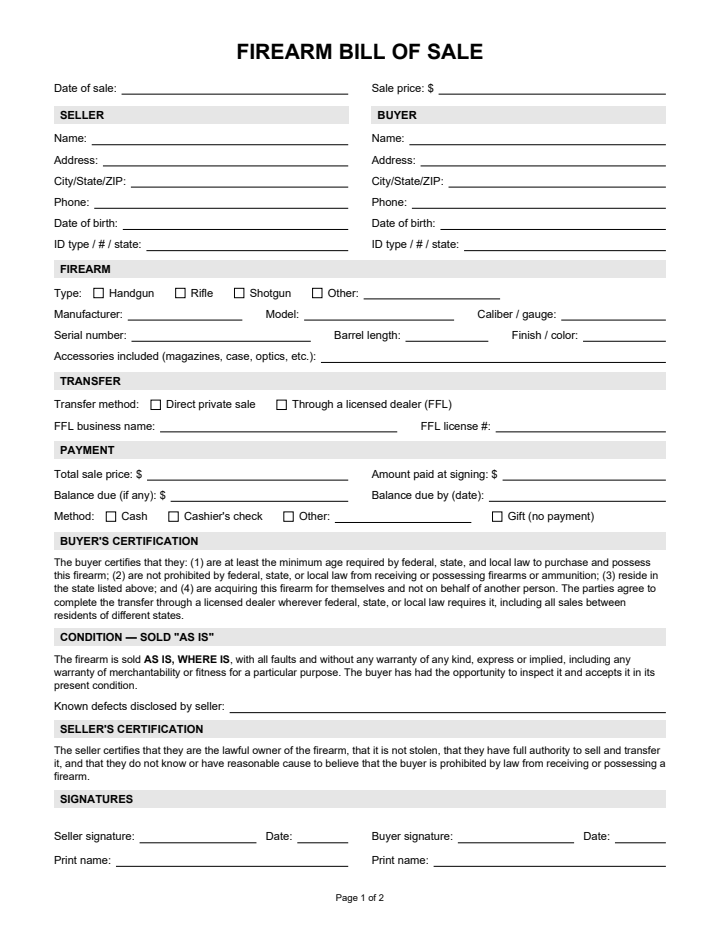 Page 1 of the firearm bill of sale