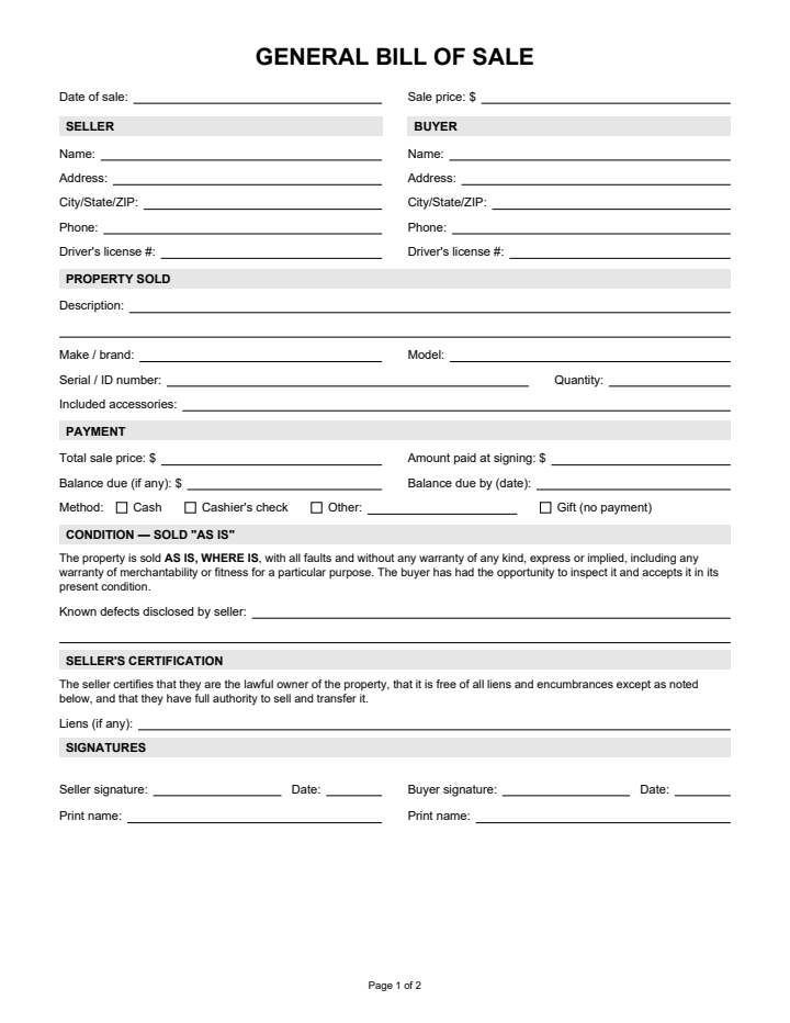 Page 1 of the other / general bill of sale