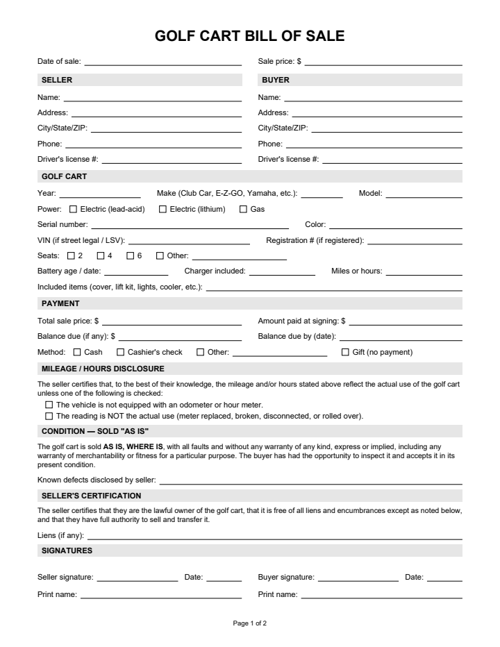 Page 1 of the golf cart bill of sale