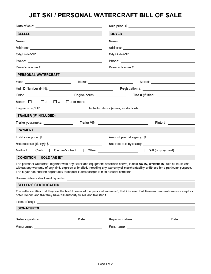 Page 1 of the jet ski / pwc bill of sale