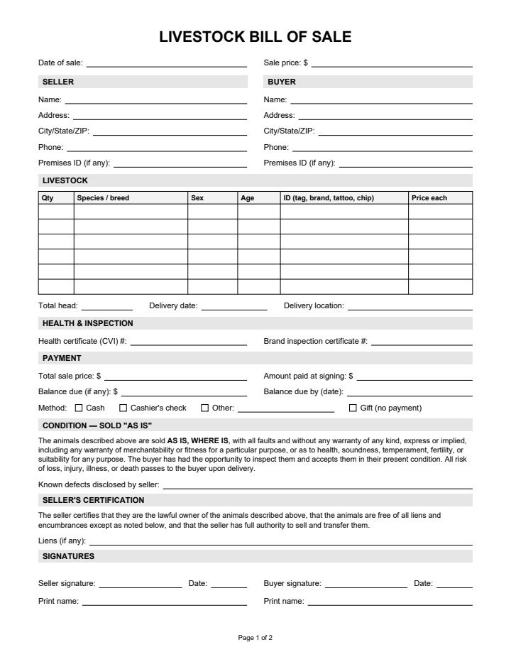 Page 1 of the livestock bill of sale
