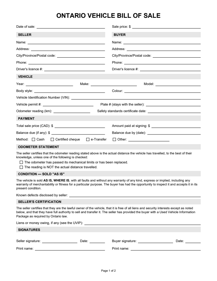 Page 1 of the bill of sale