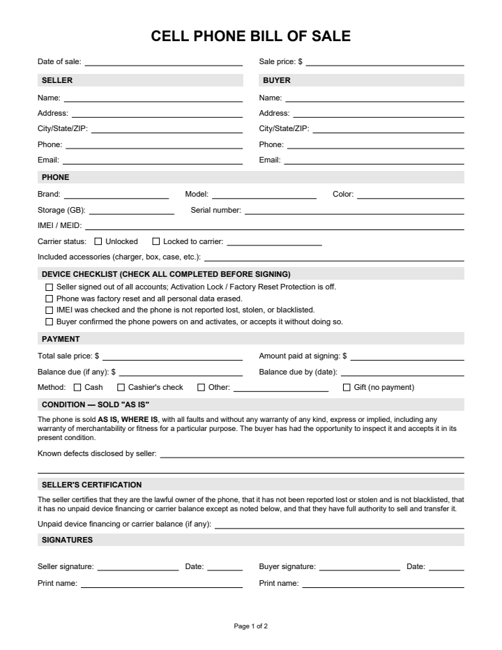 Page 1 of the cell phone bill of sale