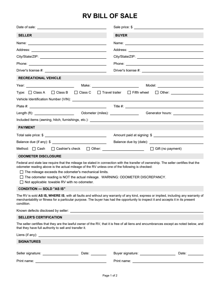 Page 1 of the rv bill of sale