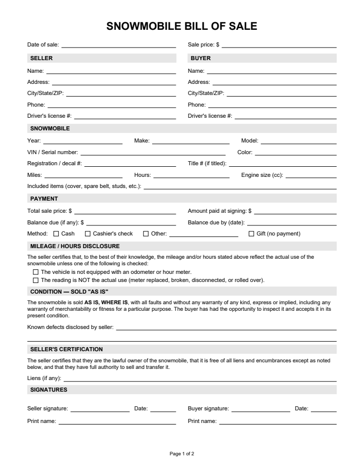 Page 1 of the snowmobile bill of sale