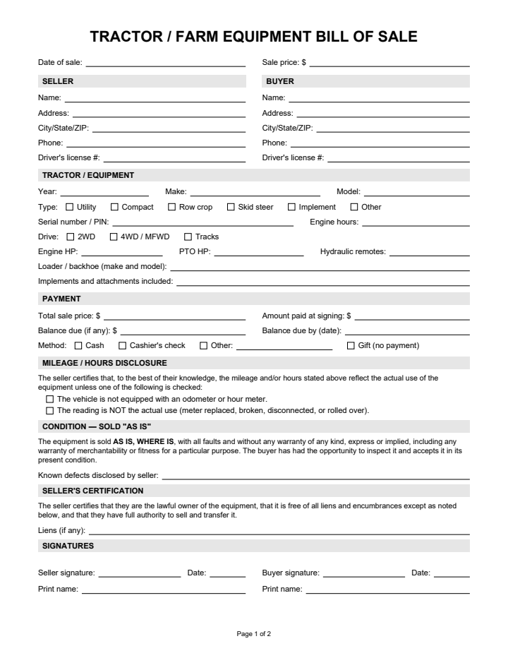 Page 1 of the tractor / equipment bill of sale