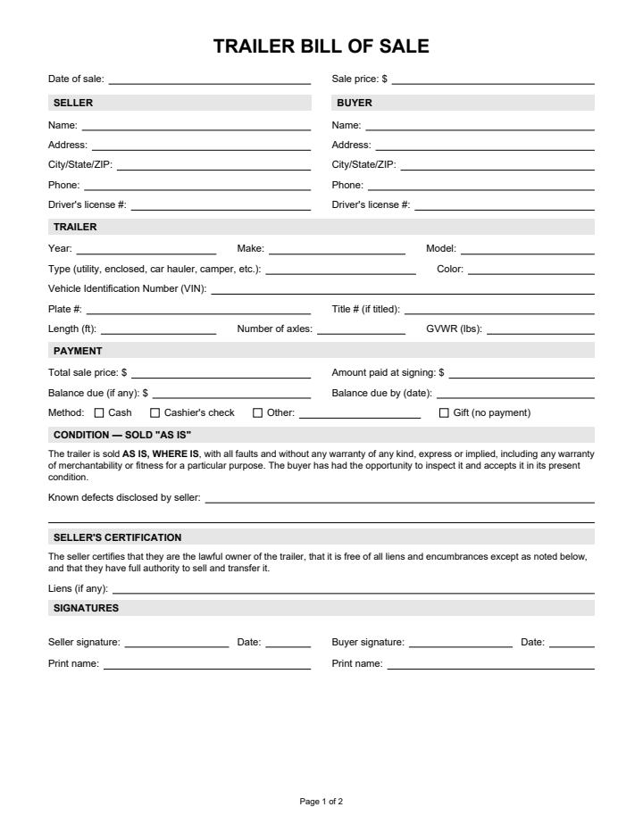 Page 1 of the trailer bill of sale